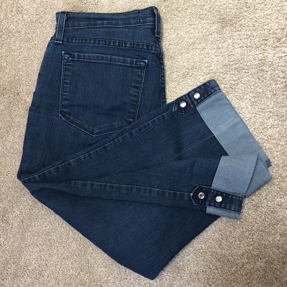 NYDJ EUC Denim Blue Cropped Jeans with Double-Rhinestone Button Cuffs - Size 8